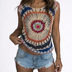 Essence Crochet Knit Boho Open Weave Sleeveless Top One Size